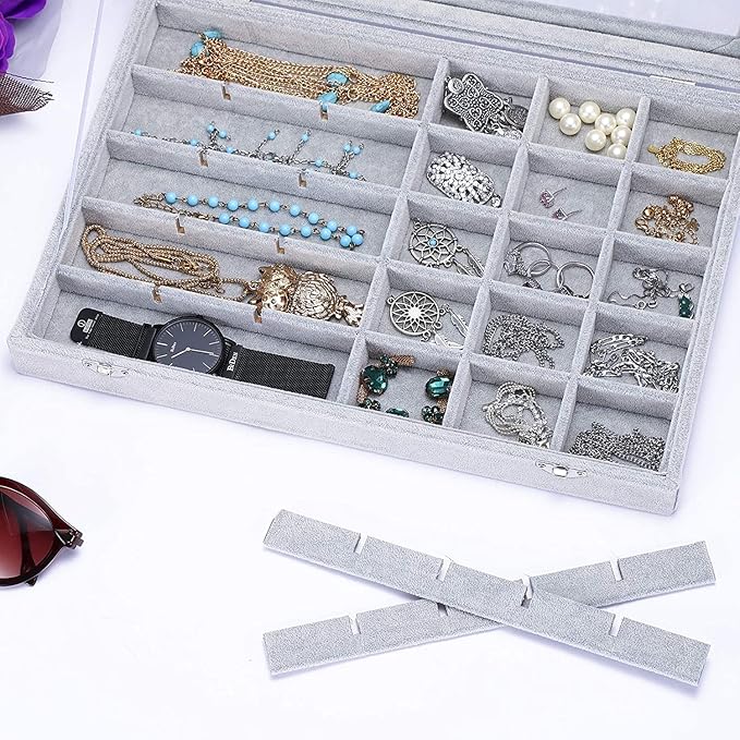Jewelry Organizer Tray with Clear Lid 30 Grid Velvet Drawer Insert Jewelry Storage box with Glass lid Display Case Store Showcase Holder with Lock Gifts for Women