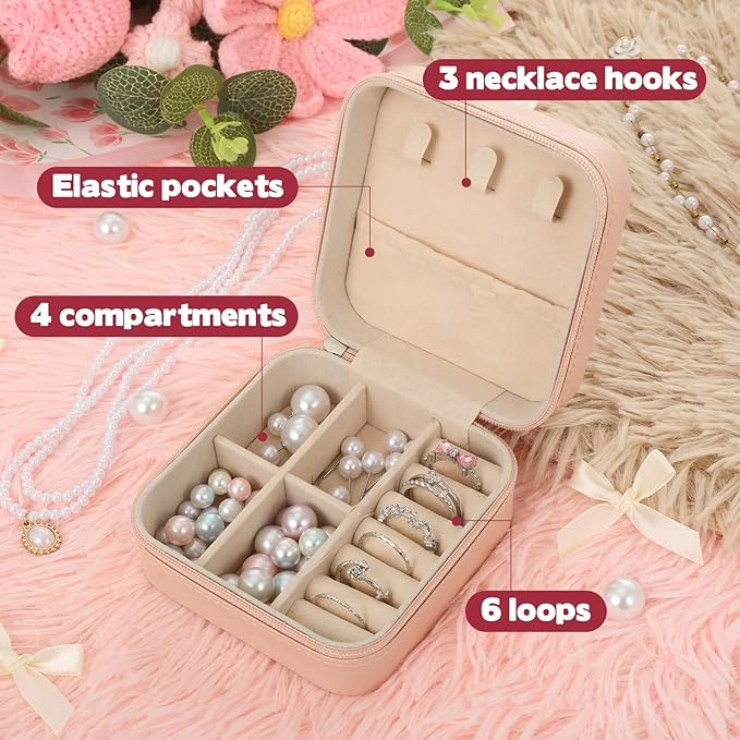 First Communion Travel Jewelry Box, Small Pink Case with Zipper & Soft Lining, Christian Keepsake Organizer for Rings Earrings Necklaces, Religious Keepsake Gift for Girls (1, Pink)