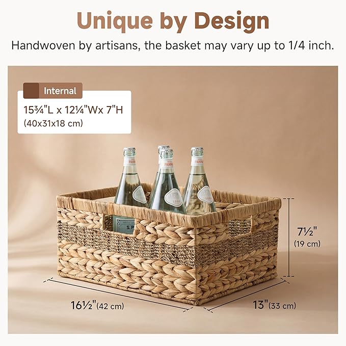 StorageWorks Jumbo Rectangular Wicker Basket, Water Hyacinth and Seagrass Storage Basket with Built-in Handles, 1 Pack