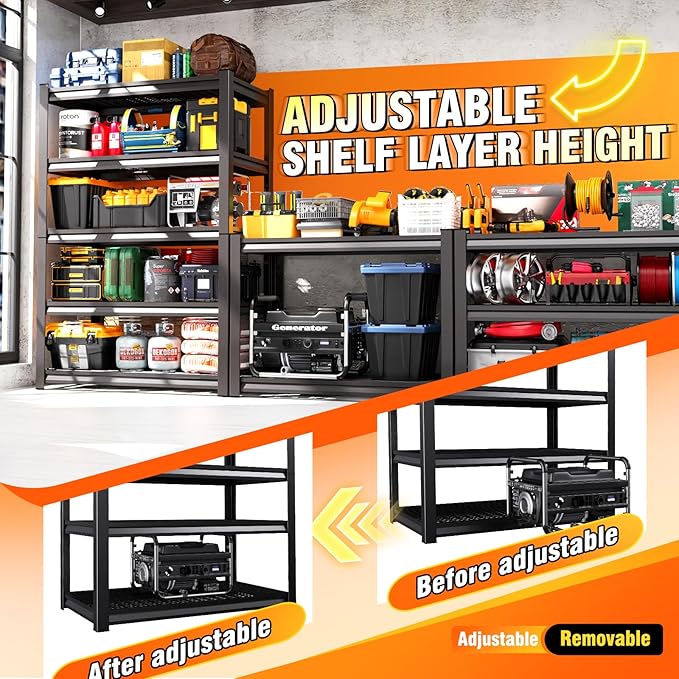 78 ''H Storage Shelves, 46‘’W Garage Shelving, Adjustable Garage Shelves, 3000lbs Heavy Duty Shelving ,5 Tier Garage Storage Shelves,Easy-To-Install Metal Shelf Storage Rack Shelving Unit for Kitchen