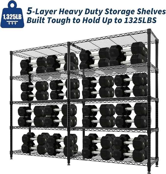 Garvee 71"Wide Storage Shelves Metal Shelving Units 5 Tier, Wire Shelving Rack 1325LBS Heavy Duty Adjustable for Storage, 71"W x 15.8"D x 70.5"H Standing Shelf Unit, for Kitchen Garage Pantry Basement