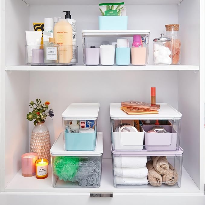 Rosanna Pansino x iDesign Recycled Plastic Open Front Kitchen Storage Bin with Lid, Clear Bin/Lavender Sprinkles Lid, 12" x 12" x 6"