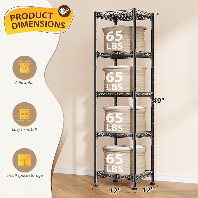 DurayLoly Set of 2 Storage Shelves-5 Tier Metal Shelving Adjustable Wire Shelves Standing Shelf Units Narrow Shelf for Kitchen Pantry Closet Office 12''Wx12''Dx49''H Black