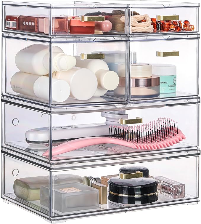 LALOBLUE Stackable Storage Drawers, 6 Pack Clear Acrylic Organizer Bins with Golden Handles, Multi-Size Plastic Drawers for Makeup, Vanity, Kitchen, Bathroom, Office, Pantry Organization and Storage