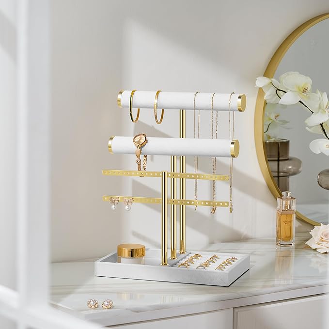 bussdis 3 Tier Bracelet Holder Display - Detachable T Bar White Velvet Bracelet Holder, Jewelry Holder Organizer for Bracelet, Necklace, Earrings, Rings