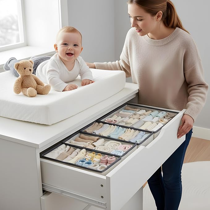DECOMOMO Drawer Organizer for Baby – 12 Pack Clothes Organizer & Storage Dividers for Nursery, Storage Bins for Underwear, Bra, Socks, Diapers & Newborn Essentials (Beige)