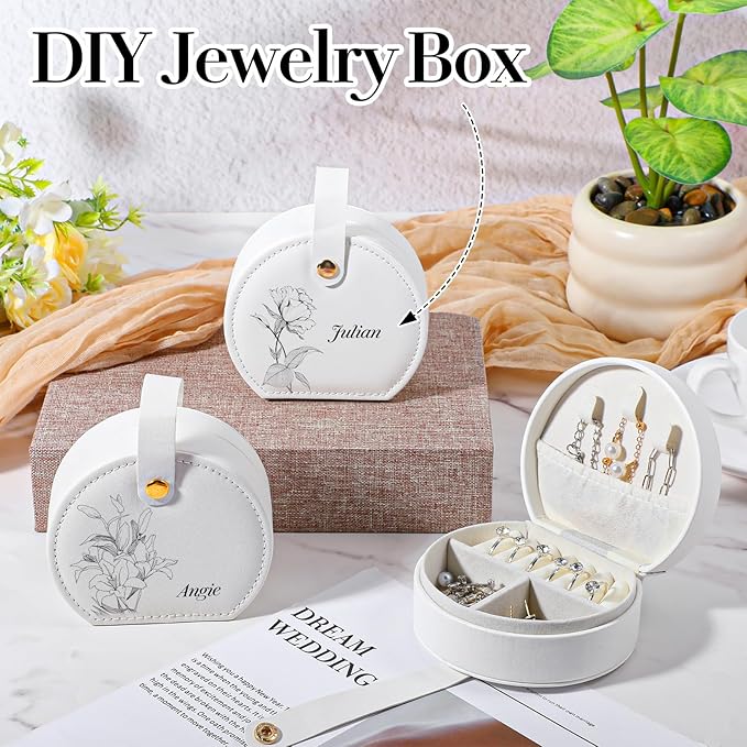 6 Pack Travel Jewelry Case, Mini Leather Bridesmaid Jewelry Gift Box Bulk, Half Moon Design, Detachable Handle, Small Earring Storage Organizer for Women Girls Bridesmaid Proposal Gifts (White)