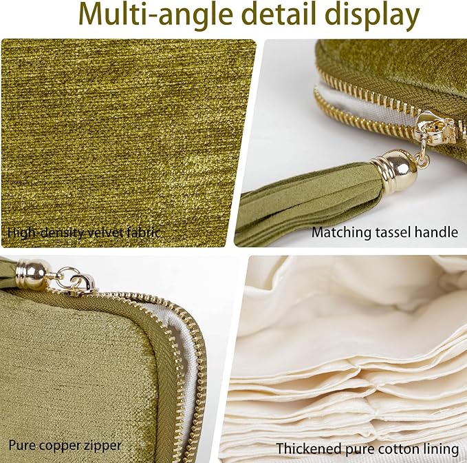ASINGYER Travel Jewelry Storage Bag for Women, Velvet Portable Jewelry Organizer with Tassel Zipper, Small Pouches for Bracelets Necklaces Rings Earrings, Wedding Gift for Women (Green)