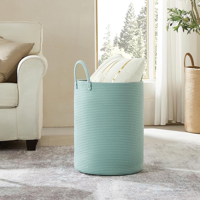 15Dx20H Inches Tall Green Cotton Rope Laundry Hamper Woven Basket for Clothes Blanket Storage in Bedroom Living Room for Baby Nursery Kids Toys Organize 62L Large Capacity