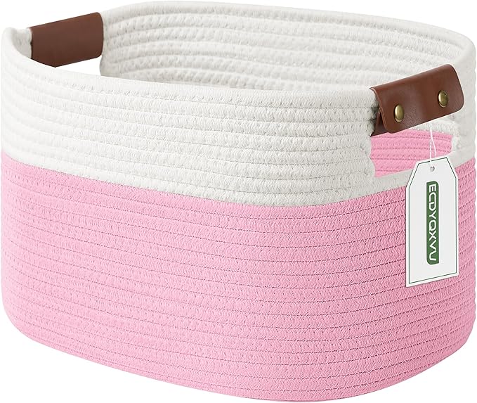 ECDYQXVU Cotton Rope Basket, Storage Baskets with Handle, 15x10x9 Inch Woven Basket for Shelves, Laundry, Towels, Clothes, Books (White/Pink 1Pack)