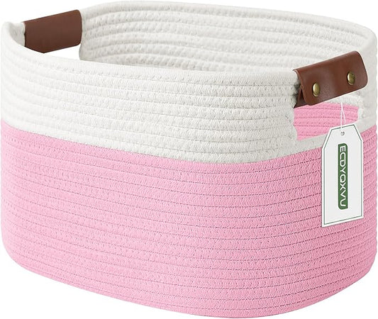 ECDYQXVU Cotton Rope Basket, Storage Baskets with Handle, 15x10x9 Inch Woven Basket for Shelves, Laundry, Towels, Clothes, Books (White/Pink 1Pack)