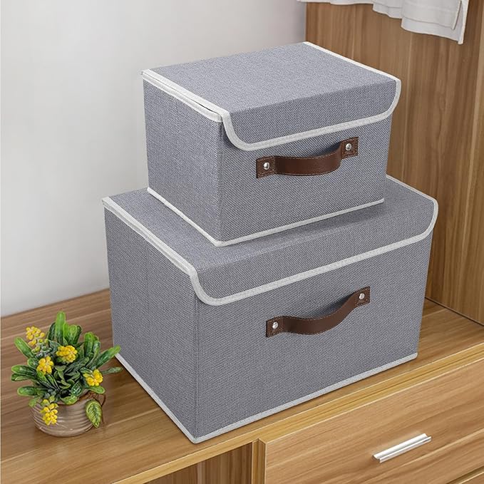 ANMINY 4PCS Storage Bin with Lid Storage Boxes with PU Leather Handles PP Plastic Board Decorative Foldable Lidded Cotton Linen Fabric Home Cubes Baskets Closet Organizer Container - Gray, Medium