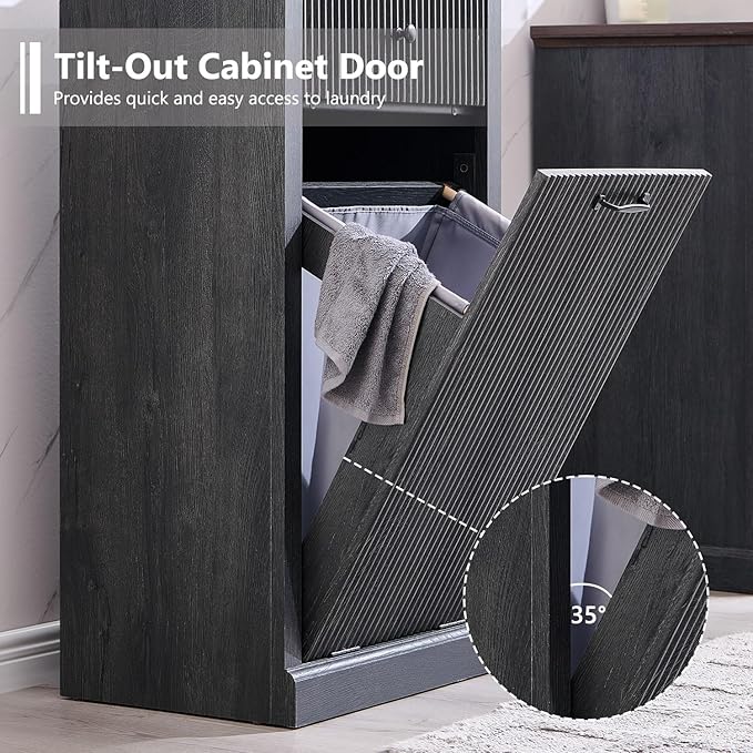 IFBUY Modern Tilt-Out Laundry Hamper Cabinet, 10 Gallon Fluted Trash Can Cabinet with Drawer, Wooden Hidden Garbage Can Cabinets with Laundry Basket, Free Standing for Bathroom and Kitchen, Grey