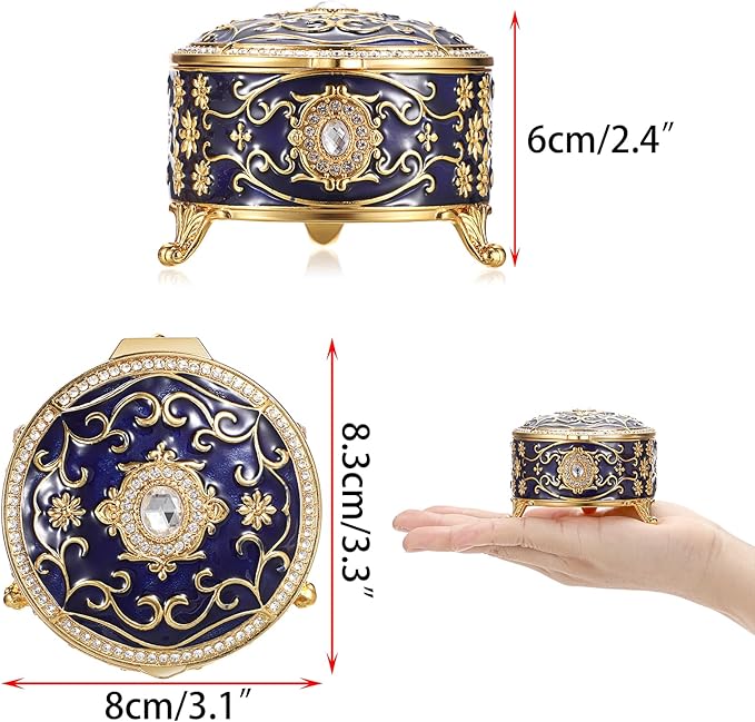 Hipiwe Vintage Jewelry Box Round Metal Treasure Chest Box Enameled Jewelry Trinket Box for Ring Earrings Necklace,Sparkling Keepsake Box Gift for Birthday Christmas,Blue