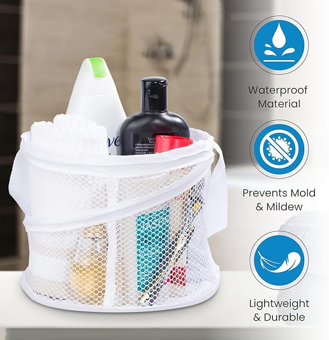 Handy Laundry Portable Shower Caddy – Collapsible Mesh Organizer with Handle, Quick Dry Drainage, Large Compartments for Dorm, Gym, Travel, College Essentials, White