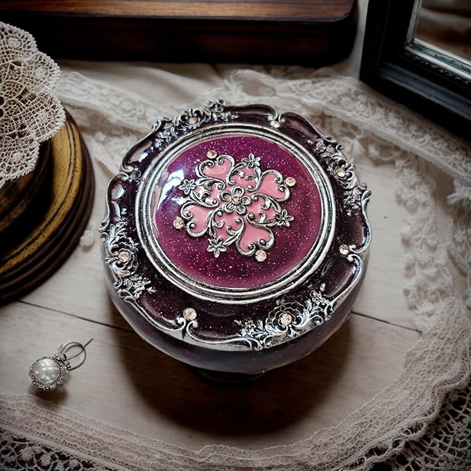 Handcrafted Round Jewelry Box - Vintage Rose Treasure Box with Carved Floral Lid, Elegant Organizer for Rings, Earrings, Necklaces and Bracelets, Romantic Gift for Wedding and Anniversary