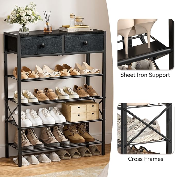 Shoe Rack for Entryway, 5 Tier Shoe Organizer with 2 Non-Woven Drawers, Metal Storage Shoe Shelf for 16-20 Pairs of Shoes, with Wooden Top and Steel Frame, Shoe Stand for Closet Black Grey