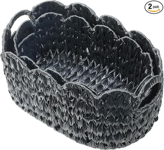 Coeusy Wicker Scalloped Basket Set of 2,Woven Storage Baskets for Shelves,Closet,Laundry,Gift,Towels,Books,Toys,Waterproof Decor Basket for Organizing,Black Oval