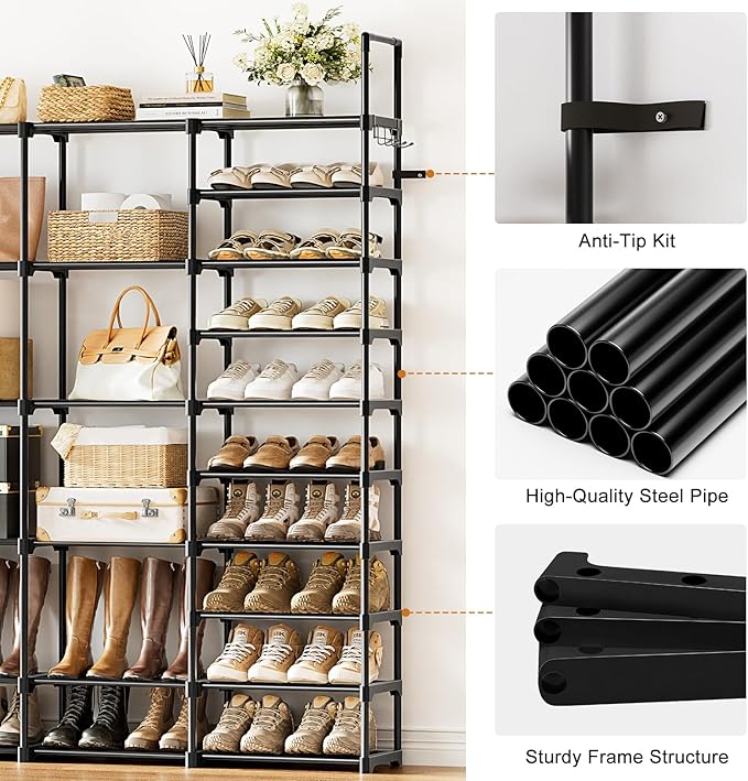 WOWLIVE 4 Row 10 Tiers Extra Large Shoe Rack Big Tall Metal Shoe Shelf, Heavy Duty Organizer for Closet Entryway, Boot Rack Storage Stackable Stand for Garage Black