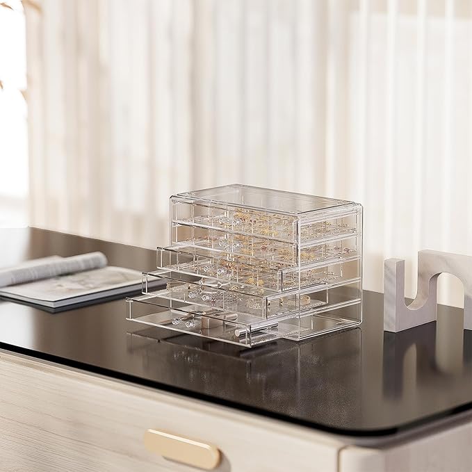 ProCase Acrylic Earrings Holder Organizer Box, Large Clear Earring Jewelry Storage Transparent Stackable Drawers Jewelry Display for Earring Ring Bracelet -Clear, 5 Layers