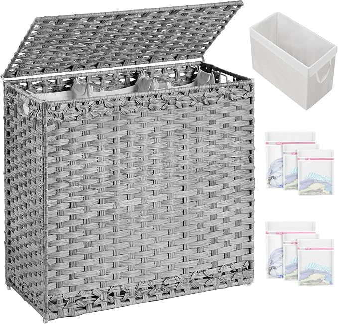 SETVSON Laundry Hamper with Lid Laundry Basket 132 L (35 Gal) Wicker Clothes Hamper, Handwoven Rattan Hamper with Handles and 4 Removable Liner Bags, 6 Mesh Bags for Laundry Bedroom Gray