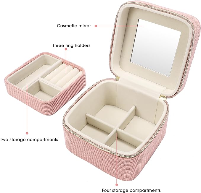 Travel Jewelry Case with Mirror – Small 2-Layer Jewelry Box for Women, Rings and Earrings Necklaces Velvet Organizer Mothers Day Mom Girls Birthday Gifts (Pink)