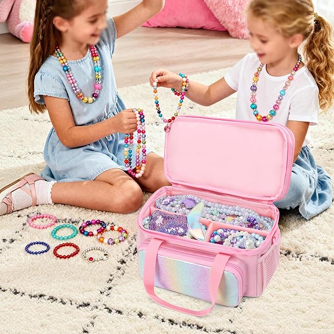 GRAOSO Double Layer Jewelry Organizer Storage for Kids Girls, Travel Jewelry Case Bag, Portable Jewelry Box with Handle and Detachable Shoulder Strap for Necklaces, Earrings, Rings, Pink (Case Only)