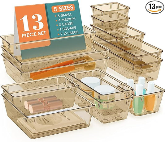 StorMiracle 13 PCS Drawer Organizer Set, 5 Varied Size Bathroom and kitchen Drawer cabinet organizer Trays, Clear Storage Bins for Makeup, Jewelry, Utensils and Gadgets, Champagne