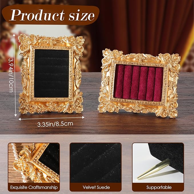 Vintage Ring Holder Rectangle Gold Velvet Display Stand - Baroque Jewelry Organizer Box Tray for Wedding Engagement Anniversary Women Birthday Christmas Gift Photograph Prop (MPF05-Gold Black)