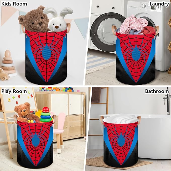 Red Spider Web Large Laundry Hamper Basket, Round Collapsible Storage Organizer Bin for Kids, Boys, Nursery, Closet, Bedroom, Playroom, Toys, Dirty Clothes, 16"W x 20"H