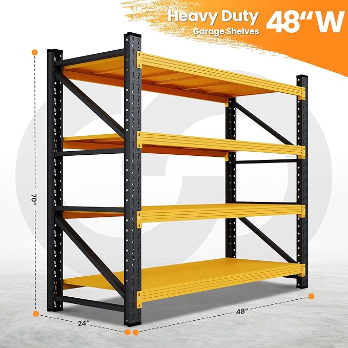 48" W Metal Garage Shelf Heavy Duty, 3000LBS Metal Shelving Units, 4 Tier Tall Steel Shelving, 24" Deep Steel Shelf Rack , Adjustable Utility Standing Shelf for Warehouse/Shop 48"W x 24"D x 70"H