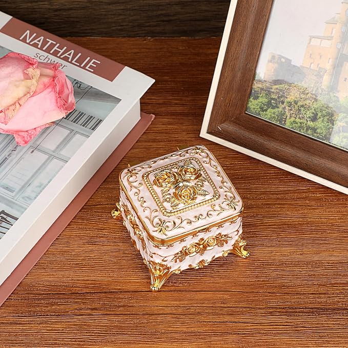 Hipiwe Vintage Jewelry Box Trinket Organizer Enameled Metal Treasure Chest Ring Holder Earrings Storage Case Decorative Keepsake Box Gift for Women, Small 3"x3"x2.4"