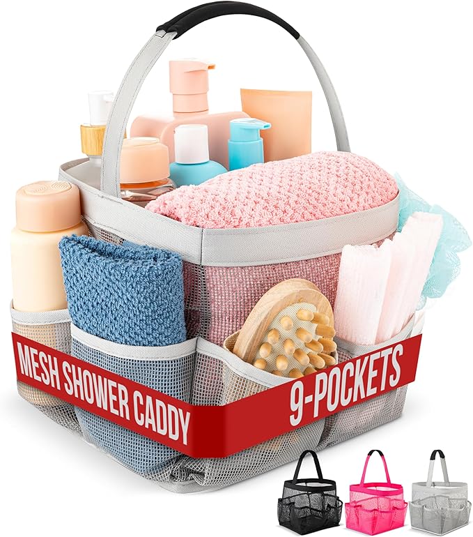 Masirs Mesh Shower Caddy – 9 Pocket Portable Shower Caddy Organizer for College Dorm, Travel, Gym, Bathroom – Quick Dry, Lightweight Tote Bag for Toiletries & Essentials, Gray