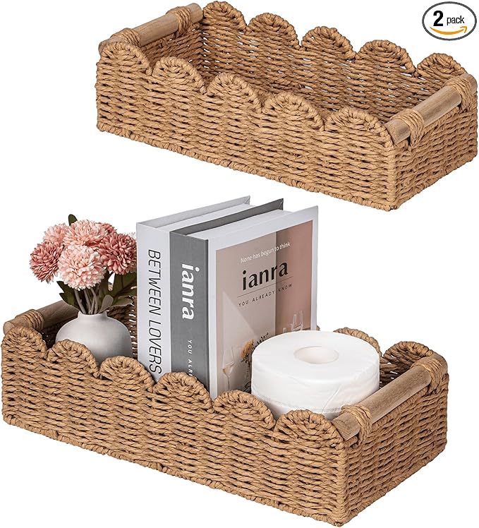 CubesLand Toilet Paper Storage Basket, Scalloped Edge Shelves Basket for Organizing for Over Toilet Tank Storage, Home Decor Baskets for Shelf, Countertop, Living Room, Bedroom, Handwoven, Neutral