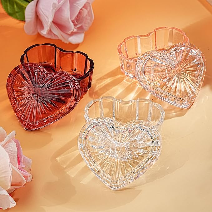 kanpura Clear Glass Jewelry Box Heart Shape Cute Box for Storage Ring Earring Trinket Vintage Decorative Glass Jar with Lid Christmas Gift for Women, Mom