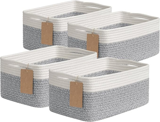 Goodpick 4 Pack Storage Baskets for Shelves, Rectangle Woven Baskets for Organizing, Decorative Closet Bins with Handles, Shelf Basket for Baby Toy Storage, 13''L x 8''W x 6''H, Gray & White
