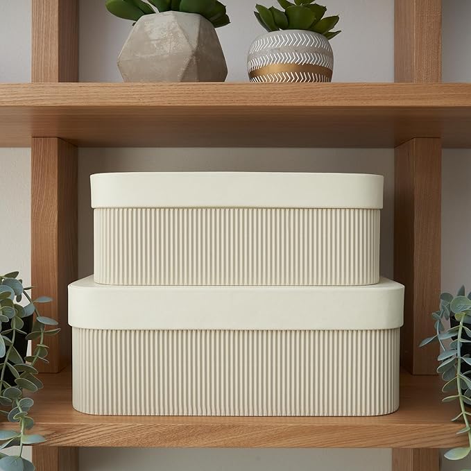 Decorative Storage Boxes with Lids – Set of 2 Beautiful Fluted Cardboard Organizer Bins for Your Home Bookshelf Decor to Safely Store Your Documents, Memory Box Items and Other Keepsakes in Style