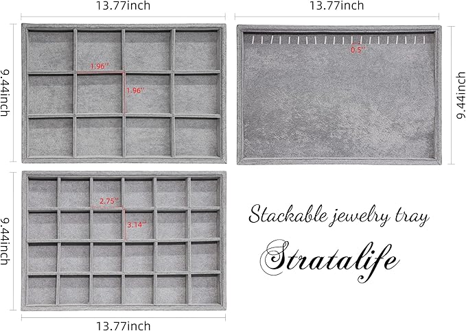 Stratalife Set of 3 Stackable Jewelry Organizer Tray Earring Display Trays Drawer Organizer Inserts Accessory Storage Grey