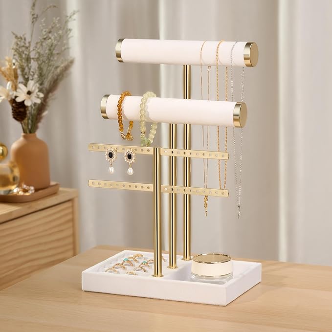 bussdis 3 Tier Bracelet Holder Display - Detachable T Bar White Velvet Bracelet Holder, Jewelry Holder Organizer for Bracelet, Necklace, Earrings, Rings