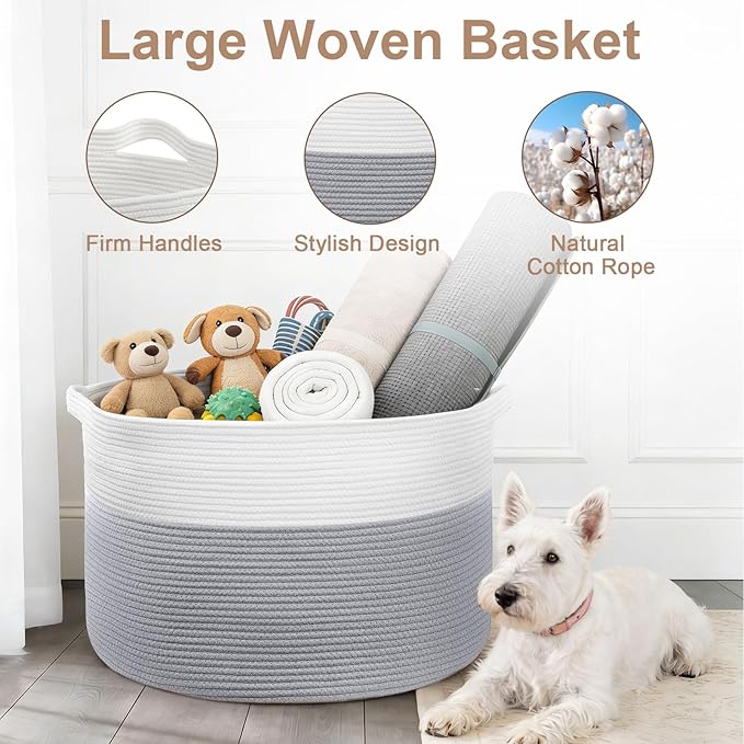 XXL Large Laundry Basket, 90L Soft Cotton Rope Basket, Blanket Storage and Organizers, Baby Nursery Laundry Hamper, Extra Large Toys Storage Bins for Kids 23'' x 13'', White & Gray