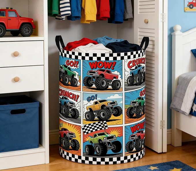 Baby Laundry Basket Baby Nursery Hamper Kids Laundry Basket Toy Storage Bin for Boys Room Decor Gift Baskets for Bedroom Bathroom(Truck)