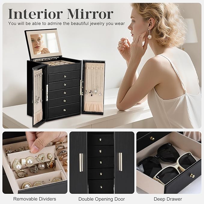 Dajasan Large Jewelry Organizer Box with 5 Drawers, Jewelry Box for Women, 6-Tier Jewelry Storage Organizer with Mirror for Necklace Ring Bracelet Watch, Gift Idea (Black)