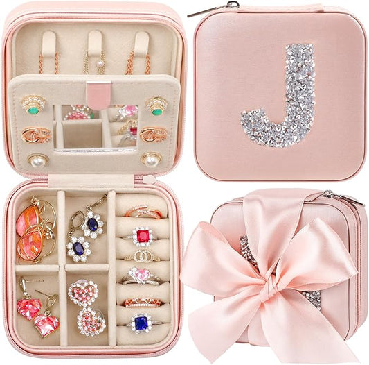 CHMI Personalized Jewelry Box for Women and Girls - Travel Essential and Birthday Gift - Bridesmaid Gift - Initial Pink J