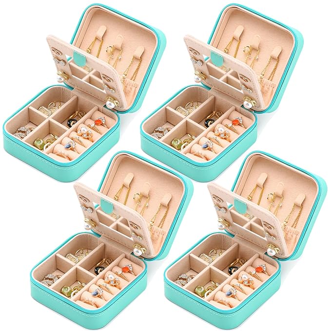 Neveika Jewelry Box with Mirror,Small Jewelry Organizer Box，Travel Jewelry Case for Women，Gift Jewelry Boxes for Female Girls (4pcs mirror blue)