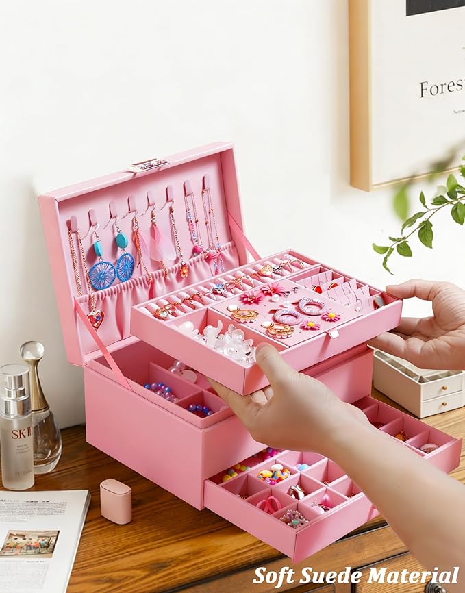 QBestry 3-Layer Jewelry Box for Girls & Teens with Lock and Key, Large Jewelry Organizer with 8 Necklace Hooks & 56 Earring Holes, Pink Velvet Jewelry Storage Box for Necklaces Earrings Rings Bracelet