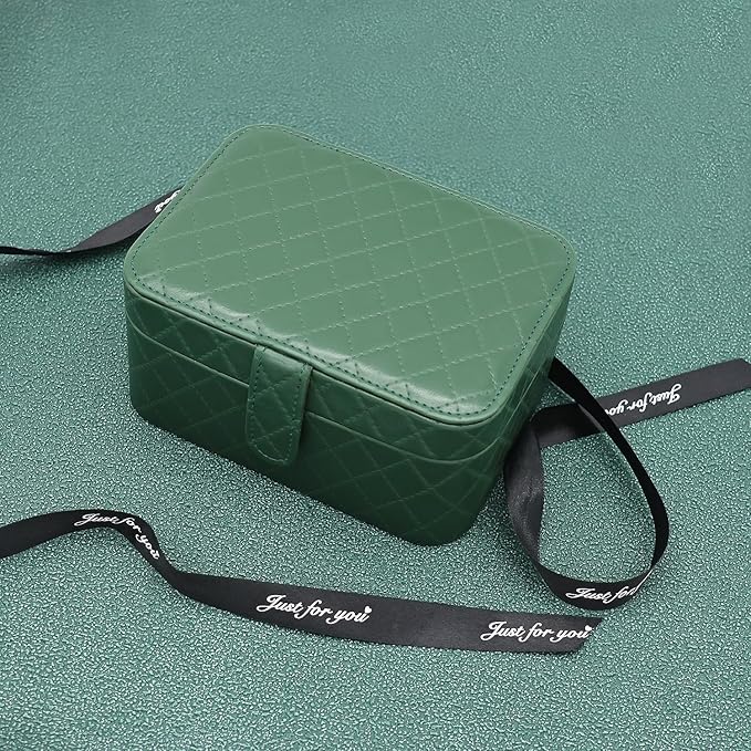 Jewelry Travel Case, 2-Layer Jewelry Box Organizer Medium Jewelry Travel Box, Portable Faux Leather Jewellery Storage Boxes with Argyle for Women, Daily Jewellery Case Home Use (Dark green)