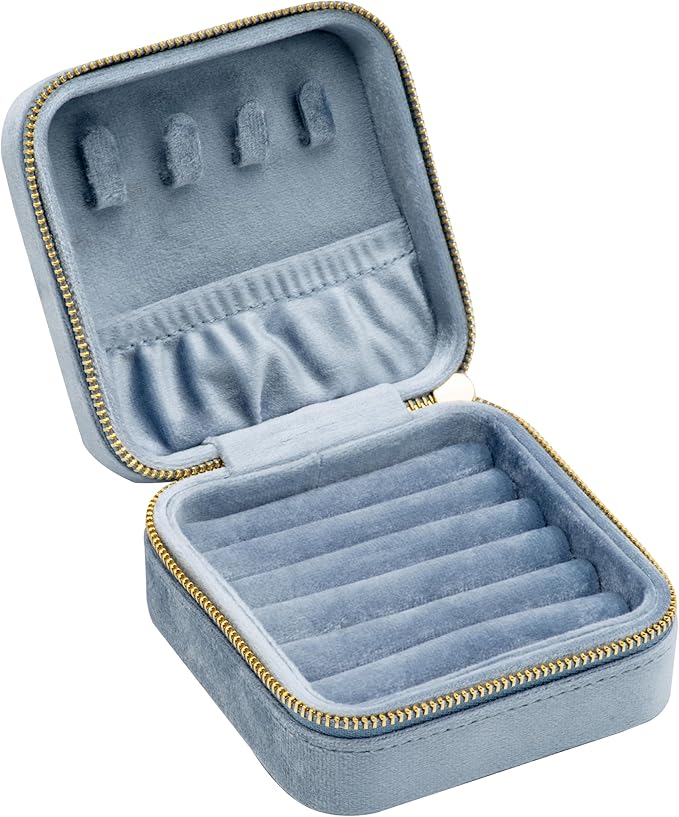Velvet Multiple Square Ring Box Jewelry Organizer Display Tray with Zipper Around, Earring Holder Case for Wedding Birthday Christmas Valentine Day (Light Ocean Blue)