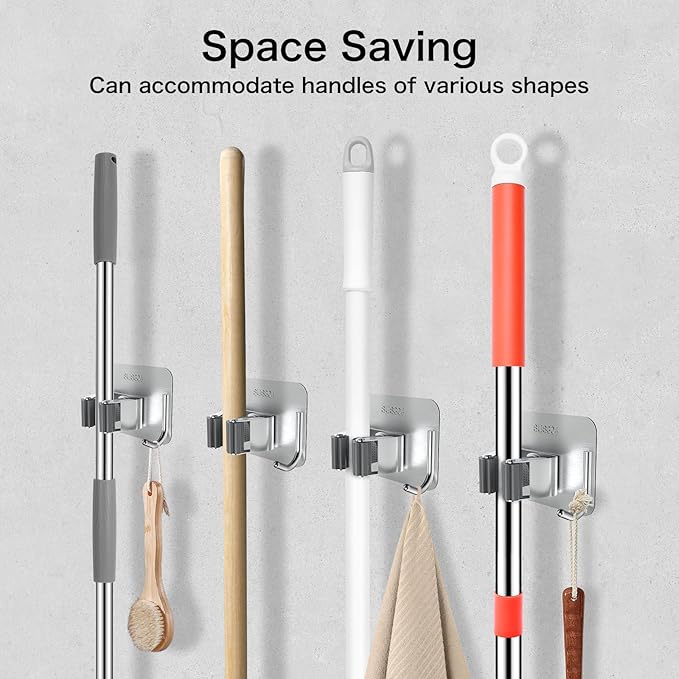 nacena 4 Pack No Drill Self Adhesive Broom Mop Holder Wall Mount with Hooks, Heavy Duty Stainless Steel Organizer for Kitchen Bathroom Garage Storage,Silver