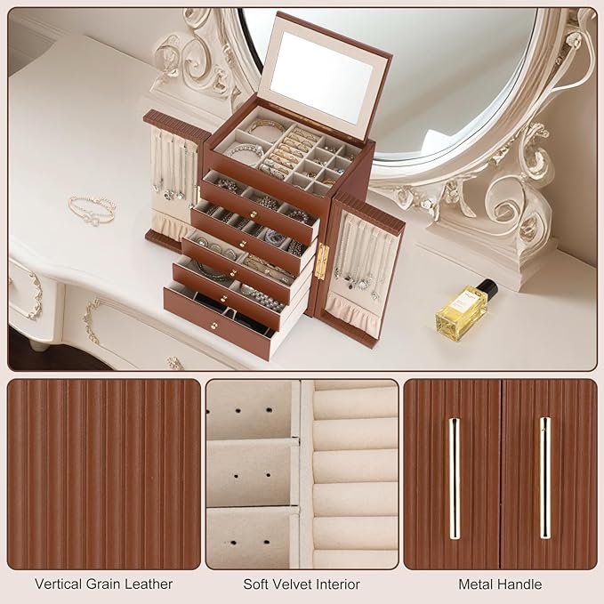Dajasan Large Jewelry Organizer Box, Jewelry Boxes for Women Girls, 6-Tier Jewelry Storage Organizer with Mirror for Necklace Ring Bracelet Watch, Gift Idea (Brown)