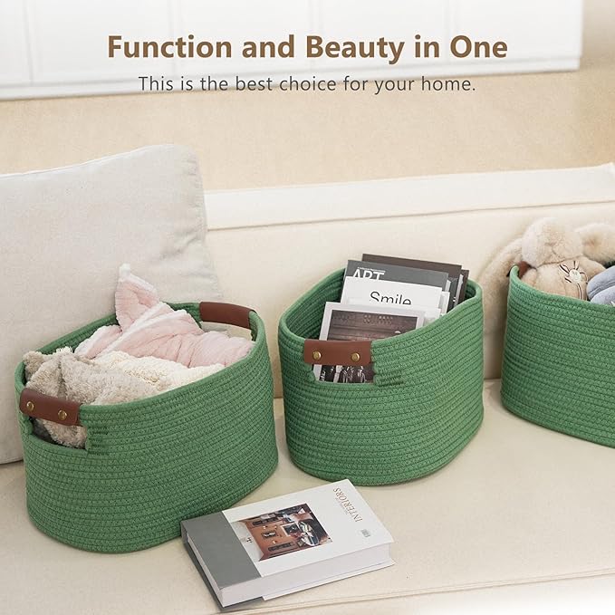 ECDYQXVU Cotton Rope Basket, Storage Baskets with Handle, 15x10x9 Inch Woven Basket for Shelves, Laundry, Towels, Clothes, Books (Green 2Pack)